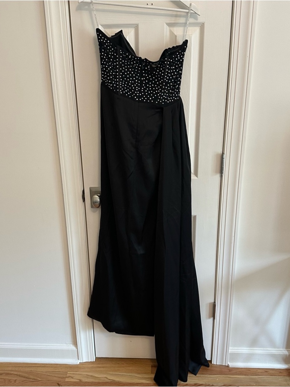 Miss Circle Holly Black Crystallized Corset High Slit Satin Gown - Picture 8 of 13